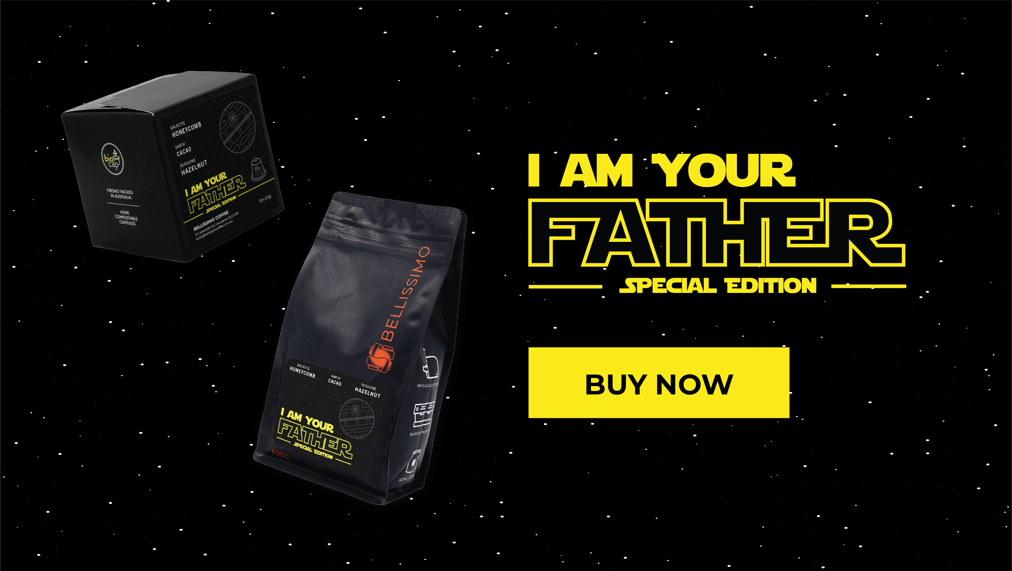 I Am Your Father” coffee promo with bag, capsules, and Buy Now button.